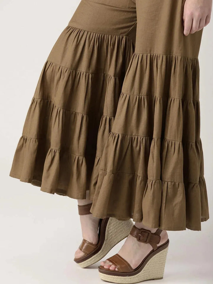 Brown Solid Cotton Sharara Pants - Libas