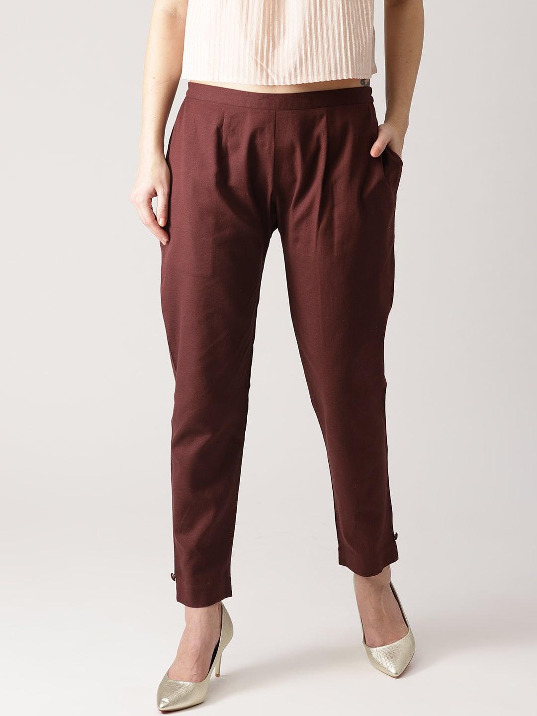 Brown Solid Cotton Trousers - Libas