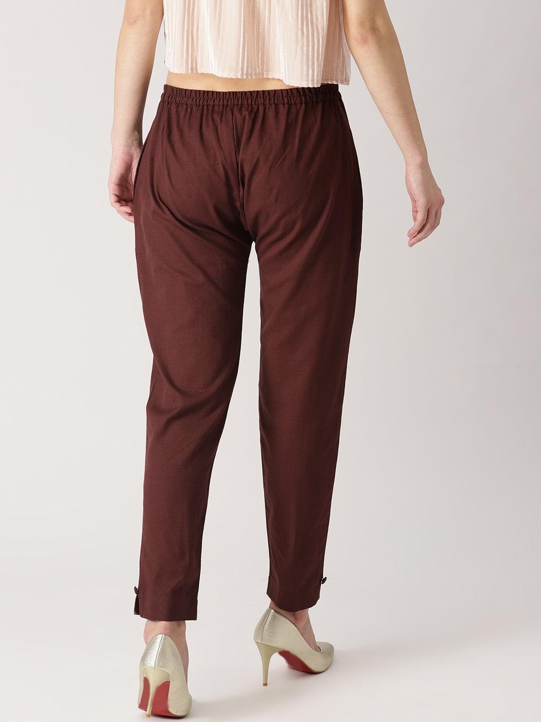 Brown Solid Cotton Trousers