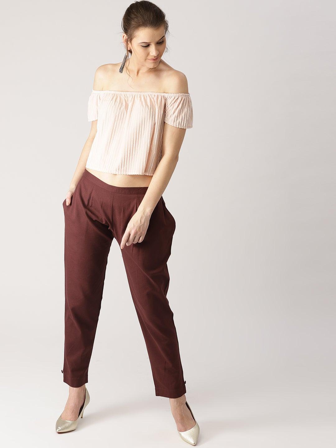 Brown Solid Cotton Trousers