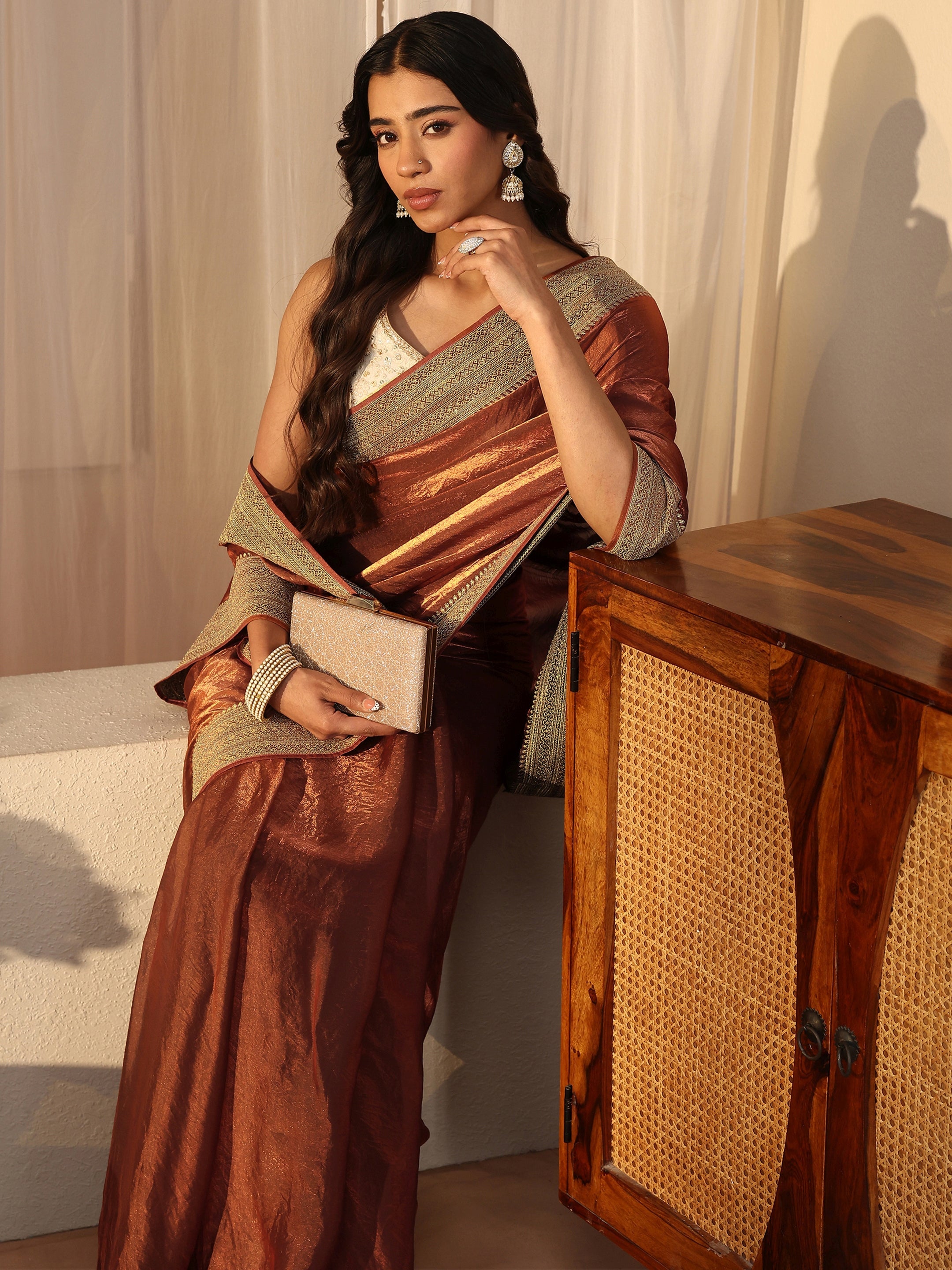 Brown Solid Glossy Tissue Saree-image-24