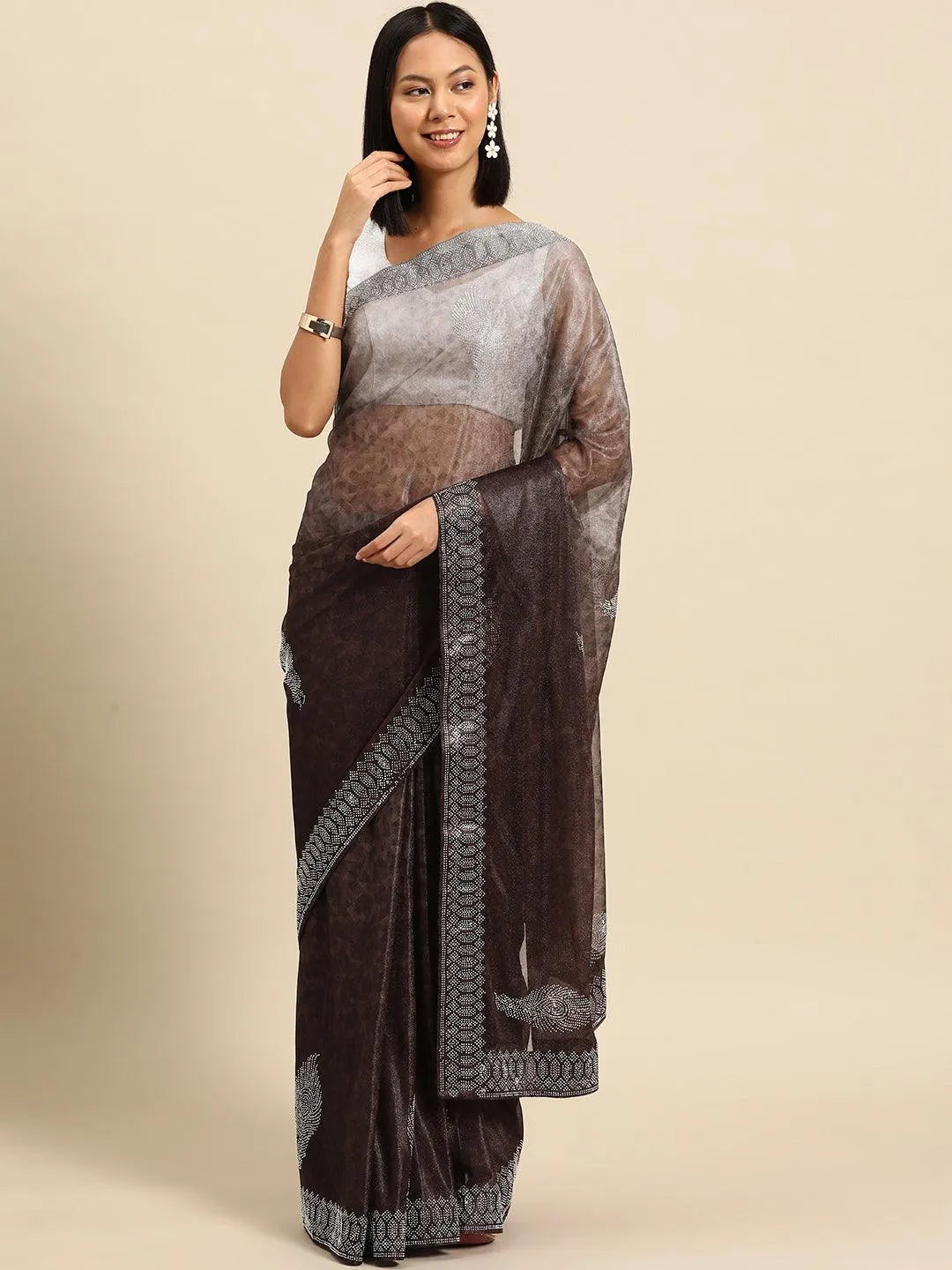 Brown Solid Lycra Saree - Libas