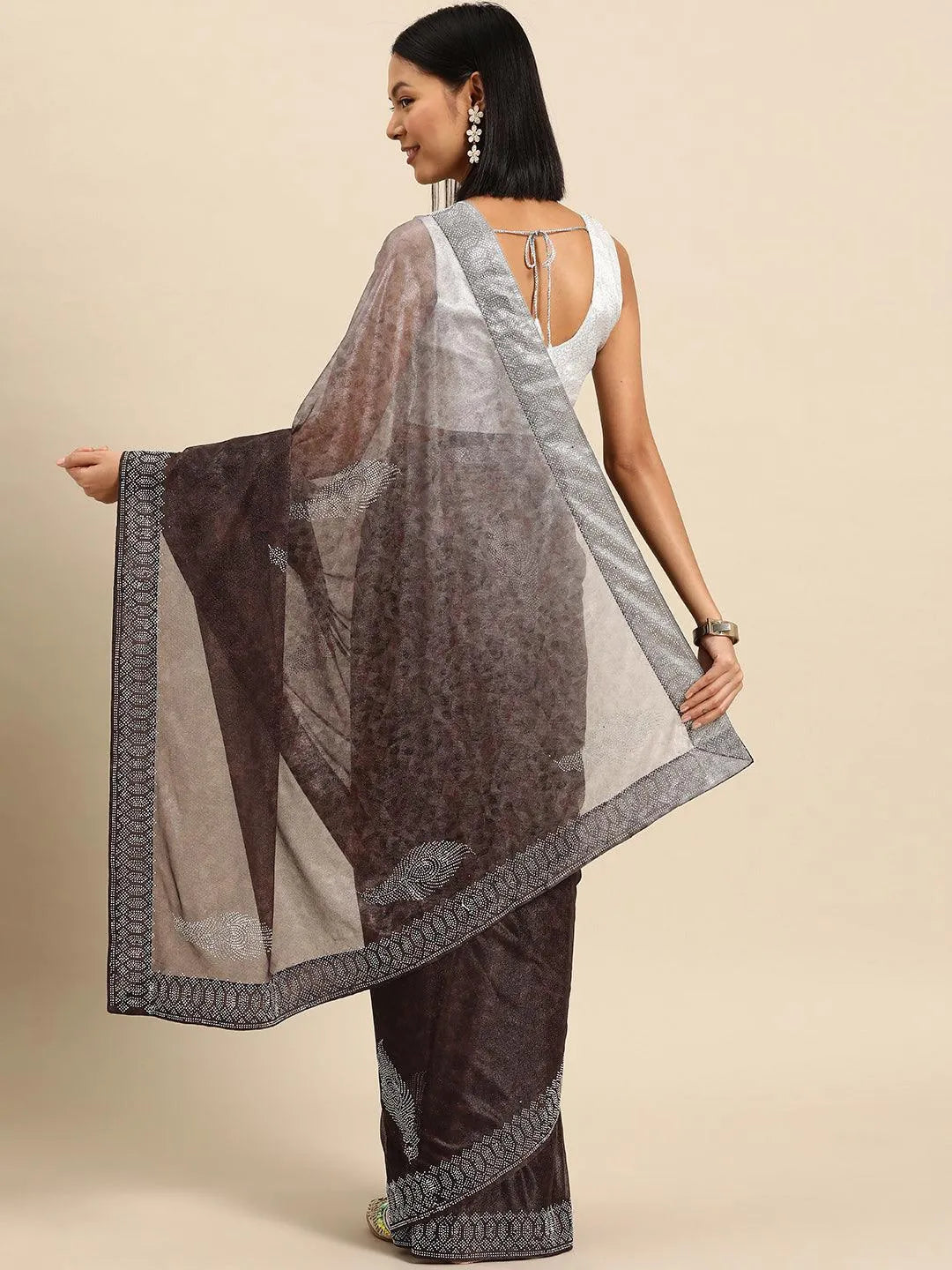 Brown Solid Lycra Saree - Libas 