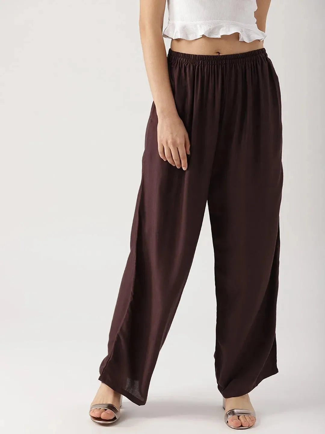 Brown Solid Rayon Palazzos - Libas