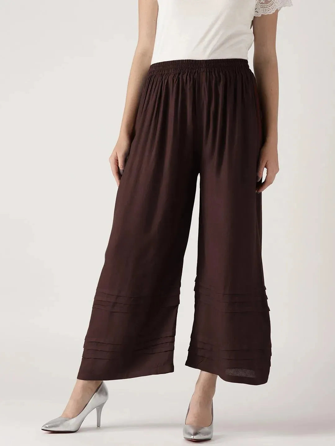 Brown Solid Rayon Palazzos - Libas