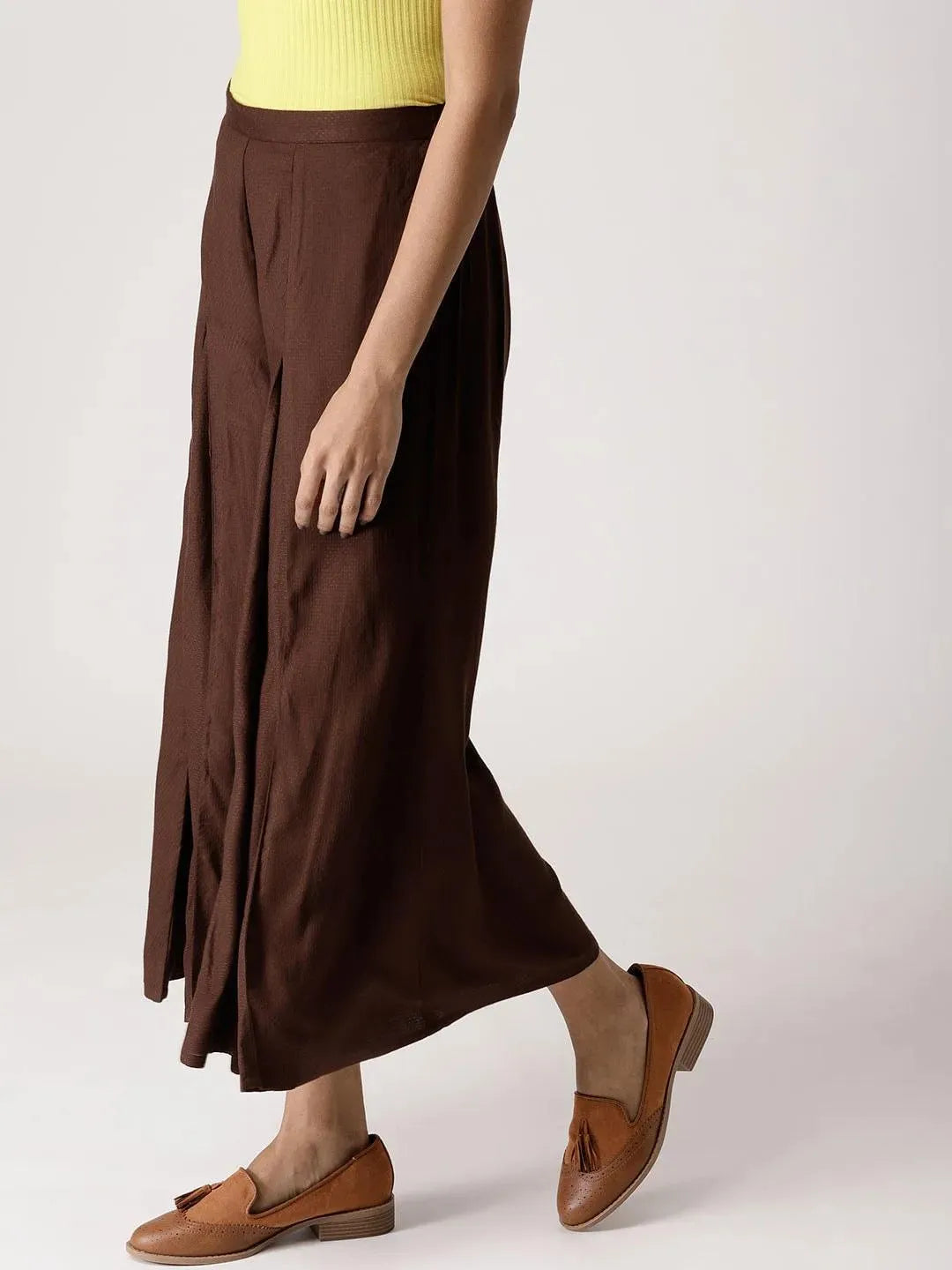 Brown Solid Rayon Palazzos - Libas