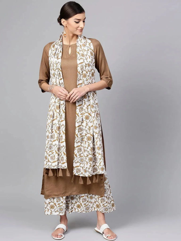 Libas Brown Solid Rayon Straight Kurta With Palazzos & Stole