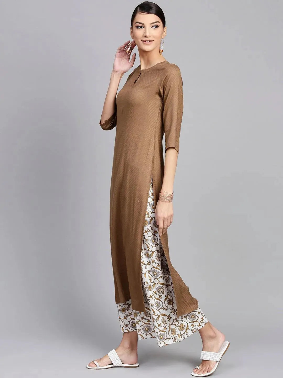 Brown Solid Rayon Suit Set - Libas 