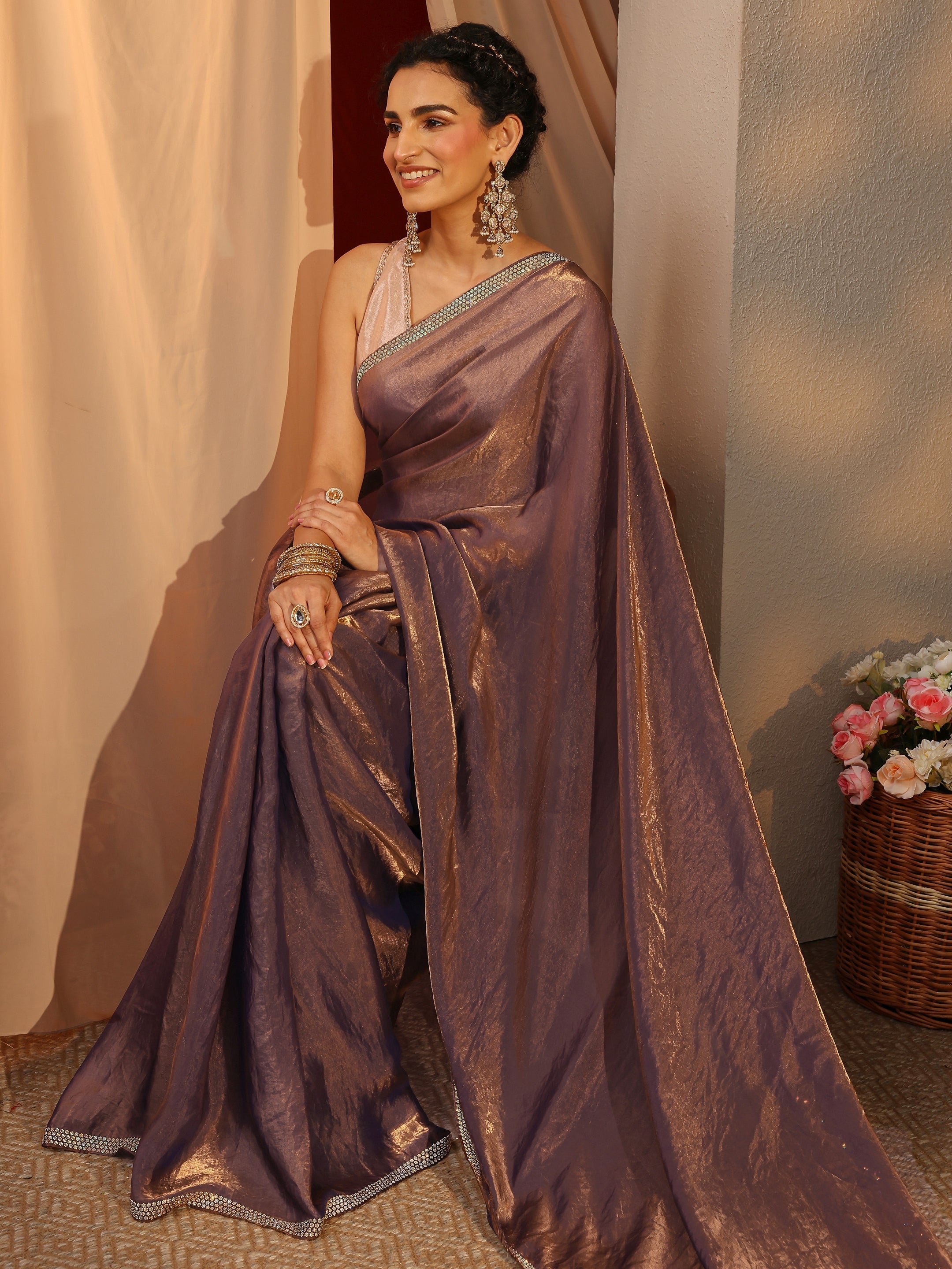 Brown Solid Satin Saree With Unstitched Blouse Piece-image-23