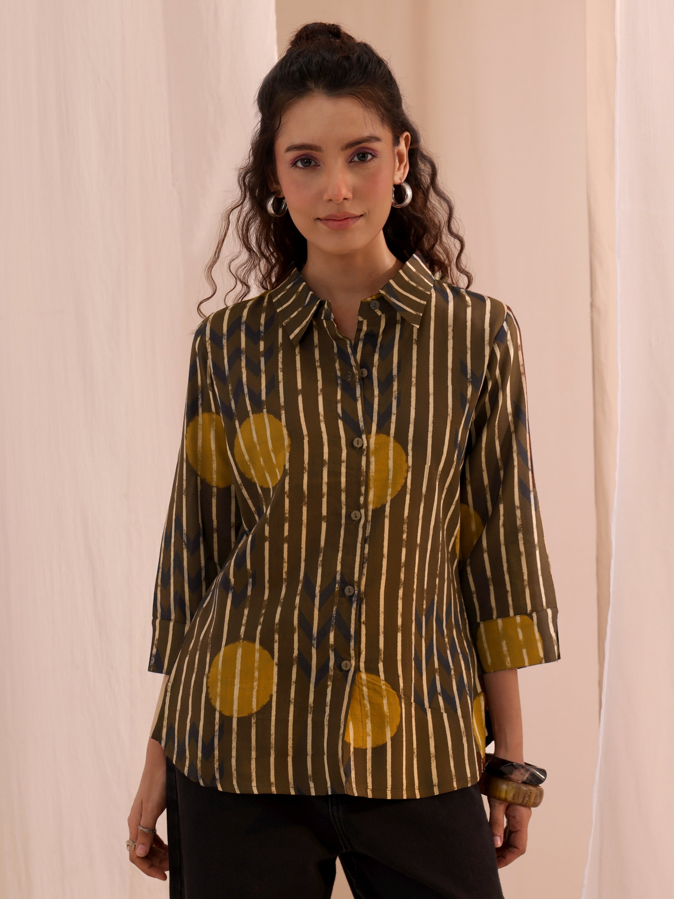 Brown Striped Printed Cotton Shirt-image-8