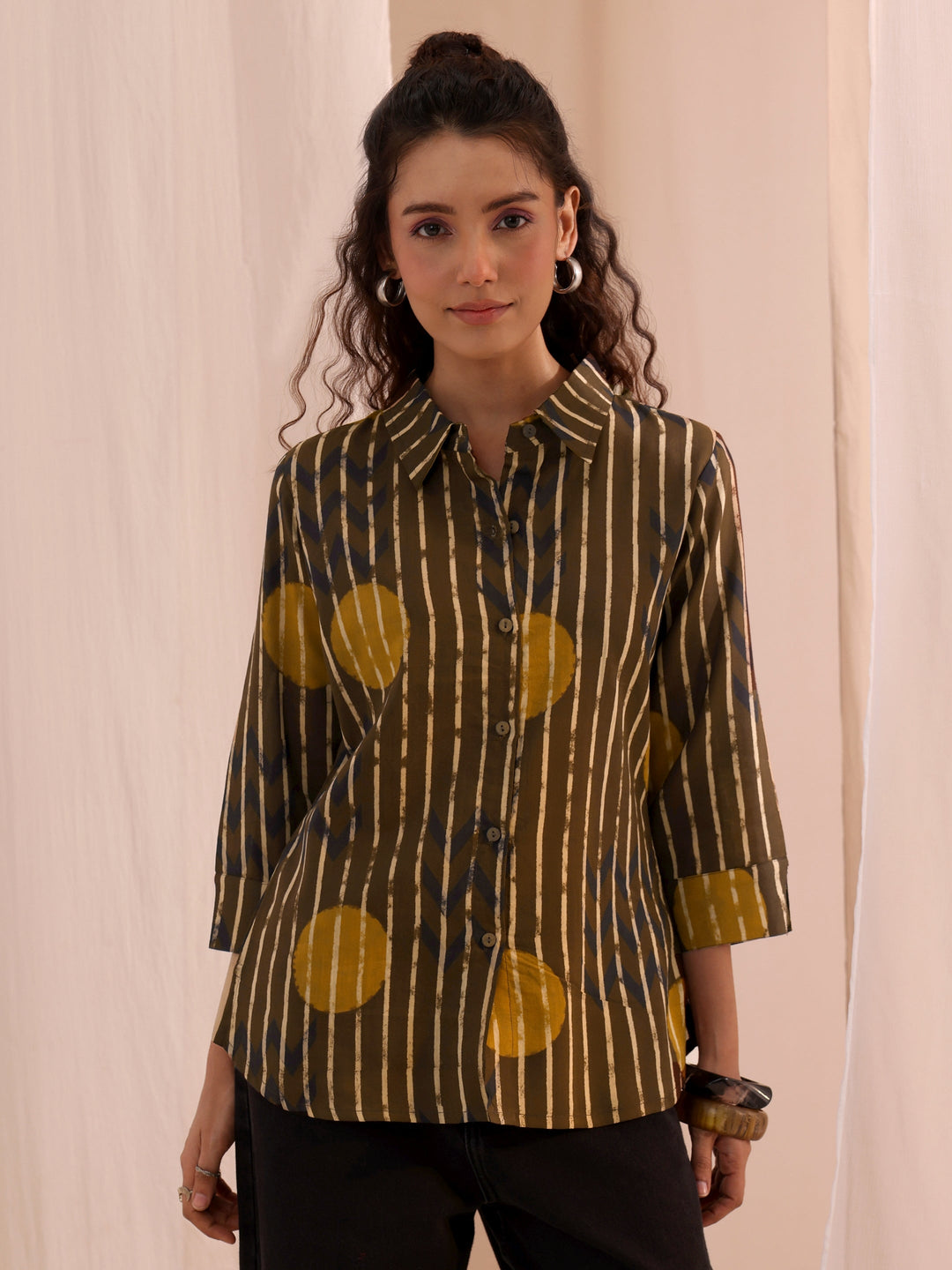  Brown Striped Printed Cotton Shirt 