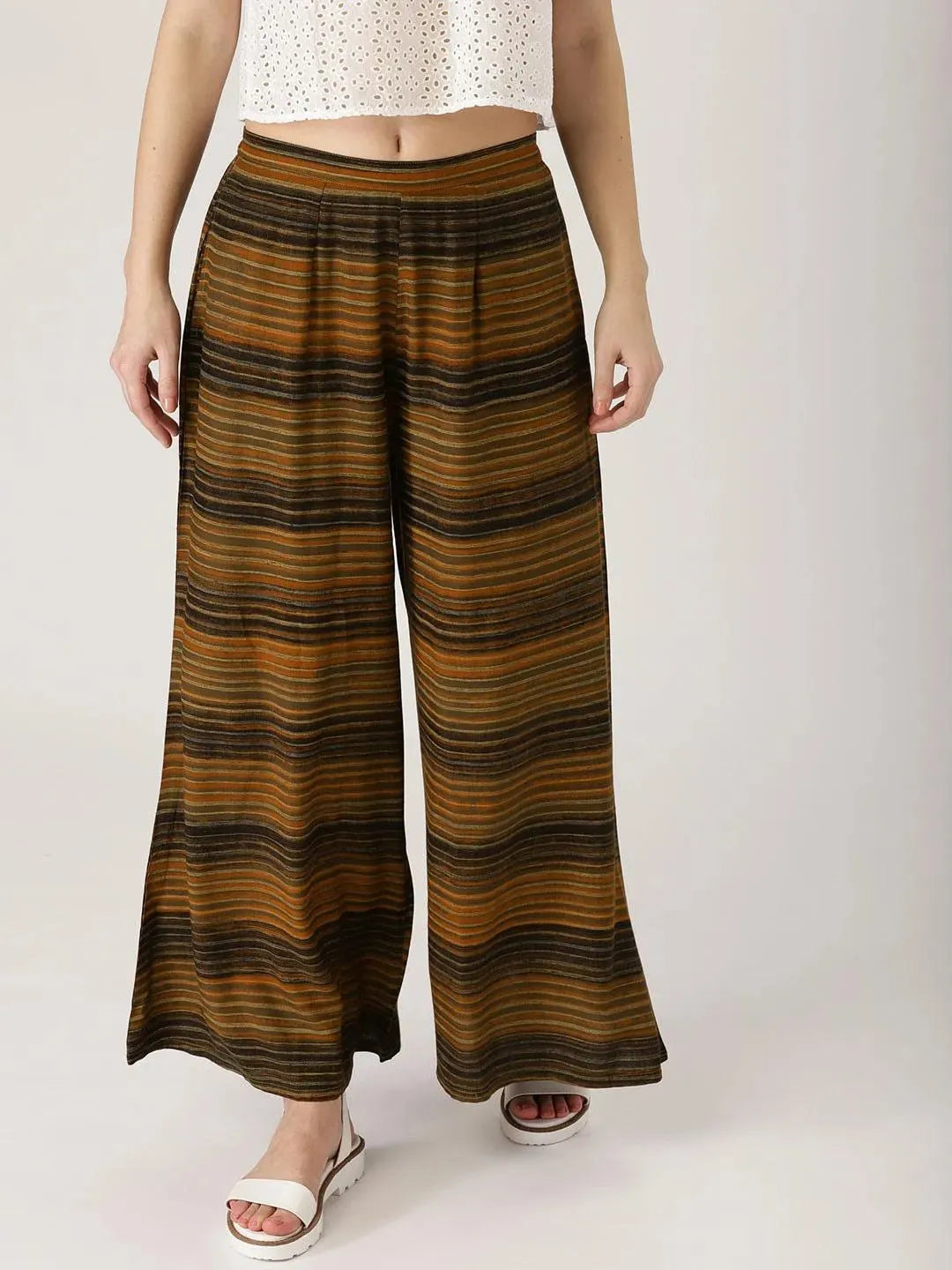 Brown Striped Rayon Palazzos - Libas