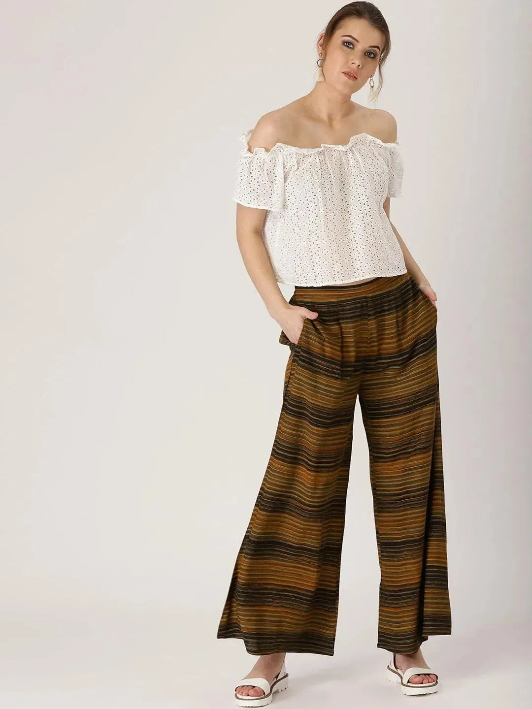 Brown Striped Rayon Palazzos - Libas