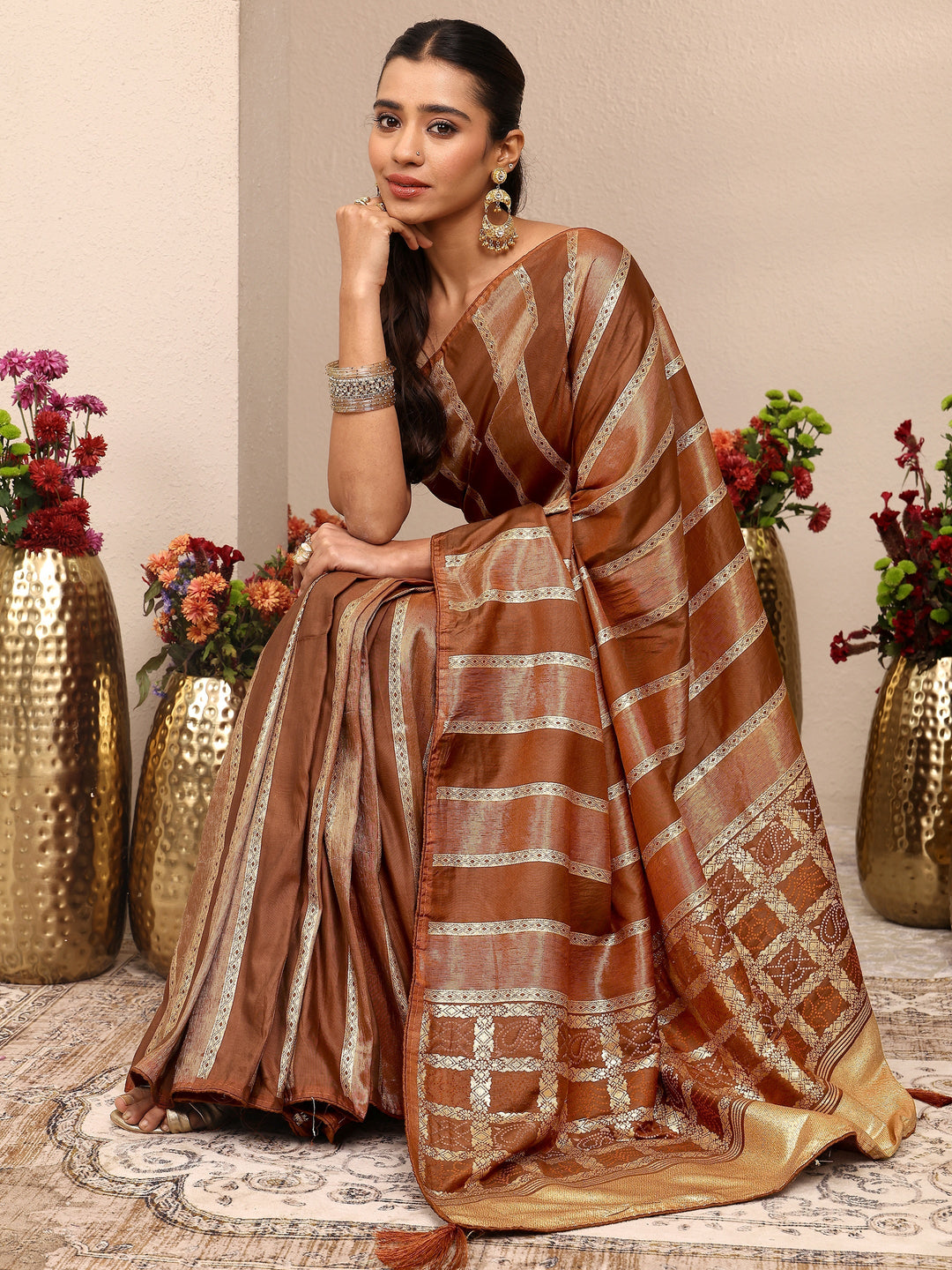  Brown Striped Woven Design Silk Blend Saree With Unstitched Blouse Piece 