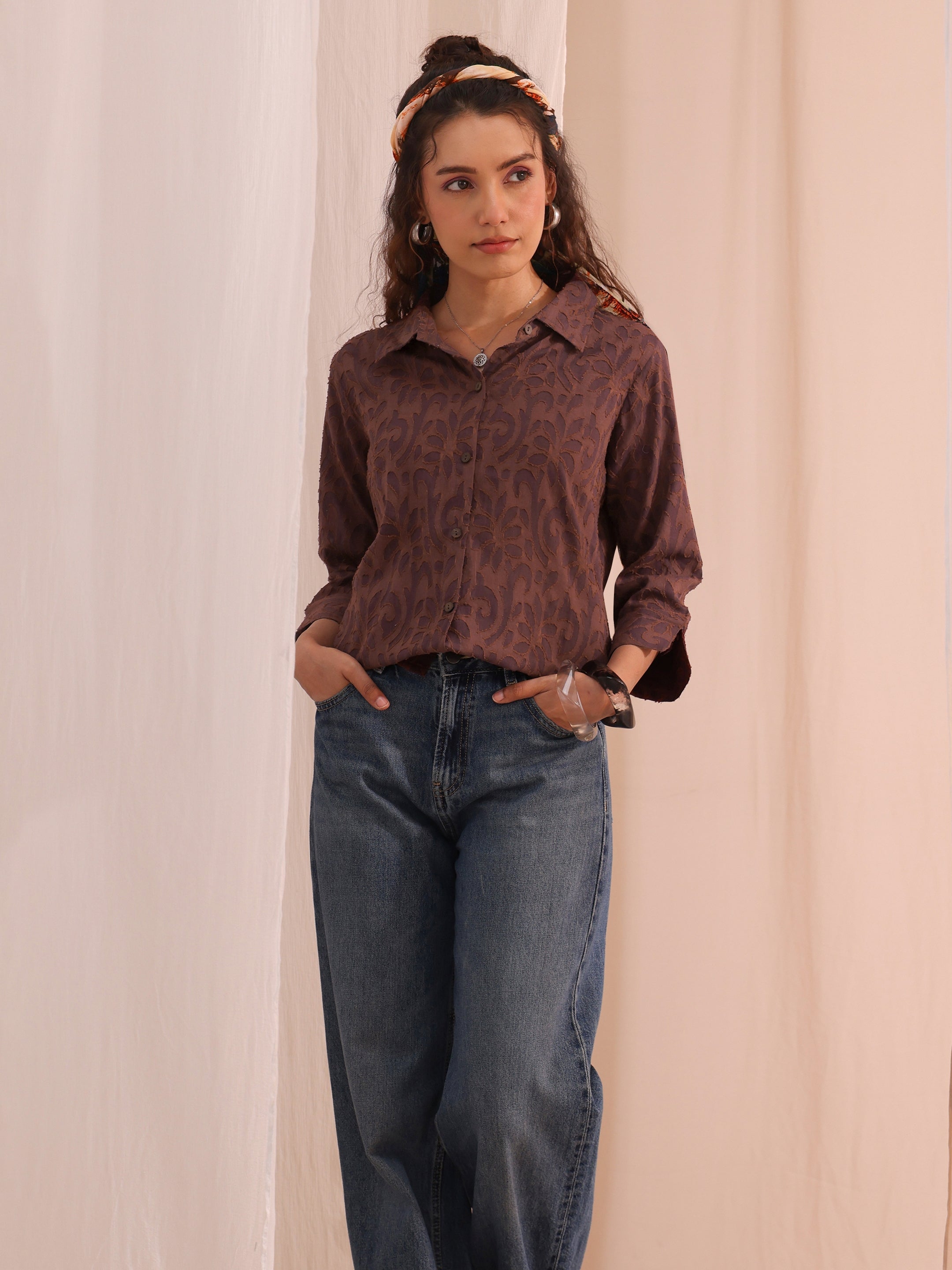 Brown Textured Cotton Shirt-image-3