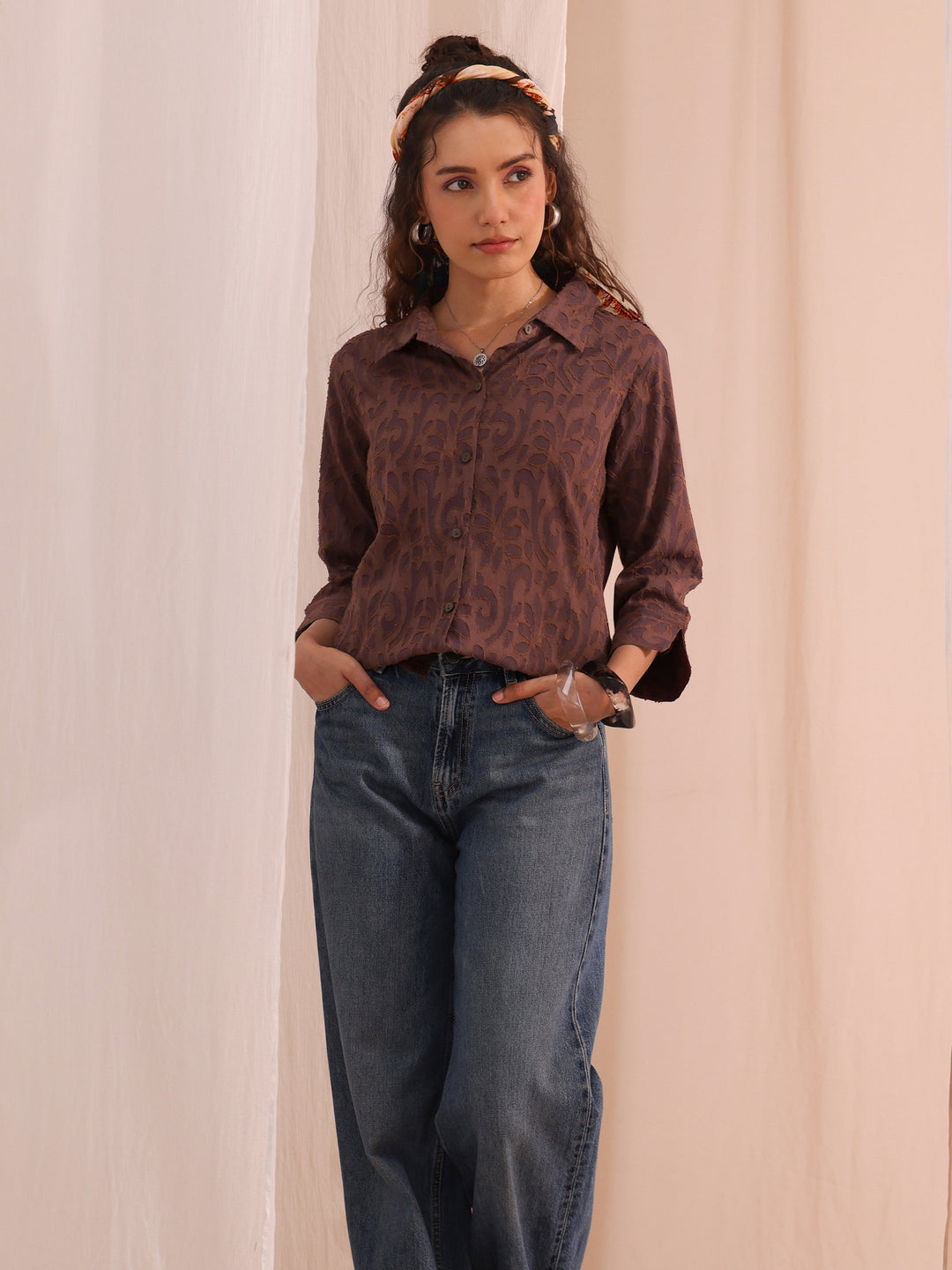  Brown Textured Cotton Shirt 