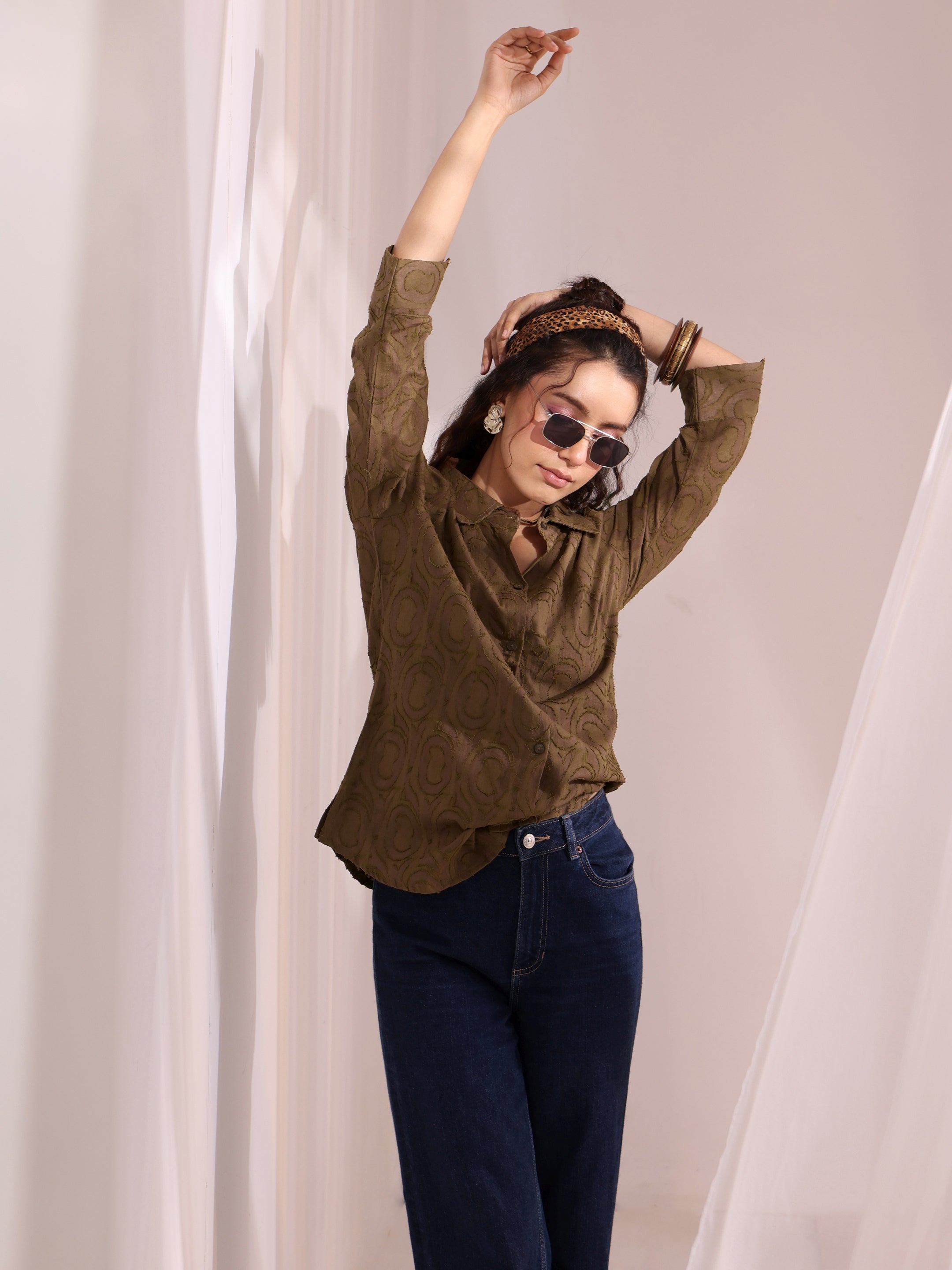 Brown Textured Cotton Shirt-image-25