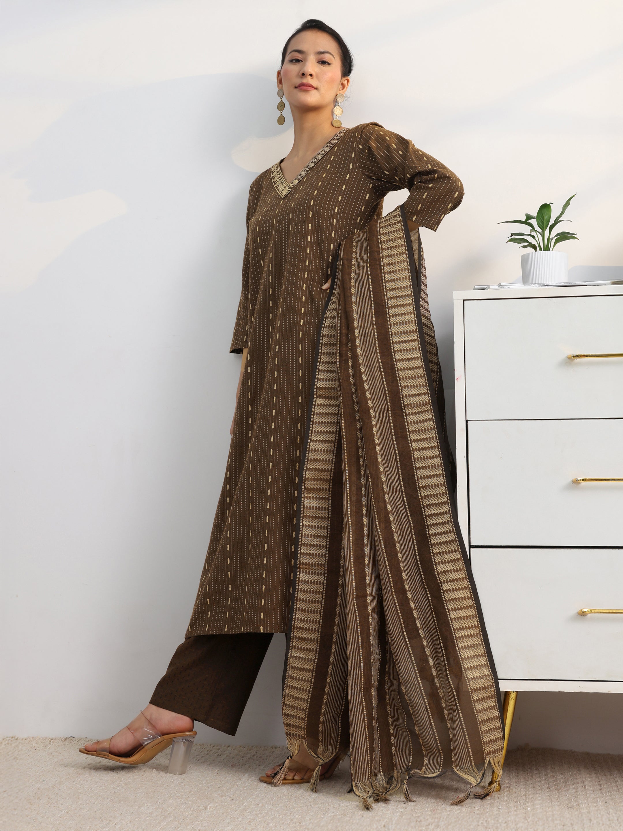 libas Brown Woven Design Cotton Blend Straight Suit Set With Dupatta-picture-43