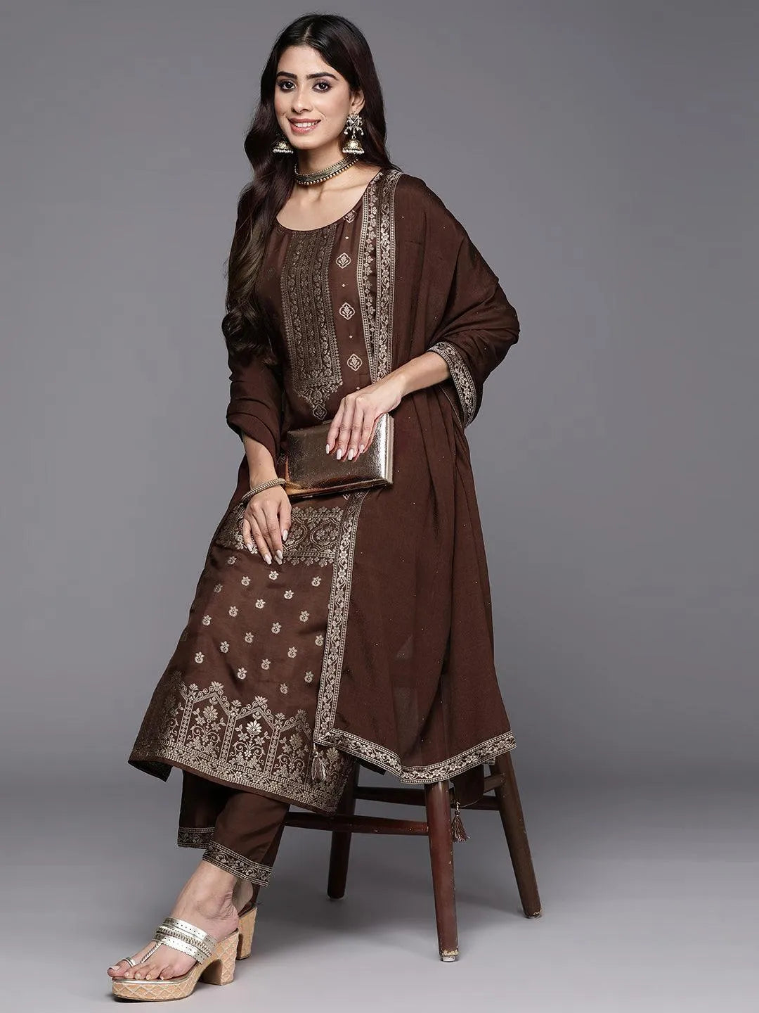 Brown Woven Design Silk Blend Straight Kurta With Trousers & Dupatta - Libas