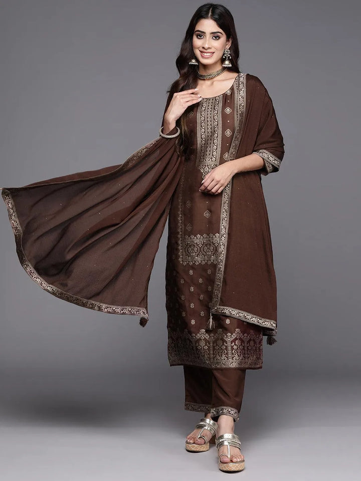 Brown Woven Design Silk Blend Straight Kurta With Trousers & Dupatta - Libas