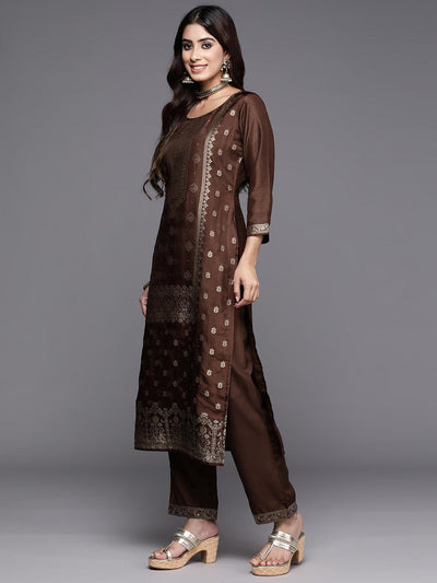 Brown Woven Design Silk Blend Straight Kurta With Trousers & Dupatta - Libas