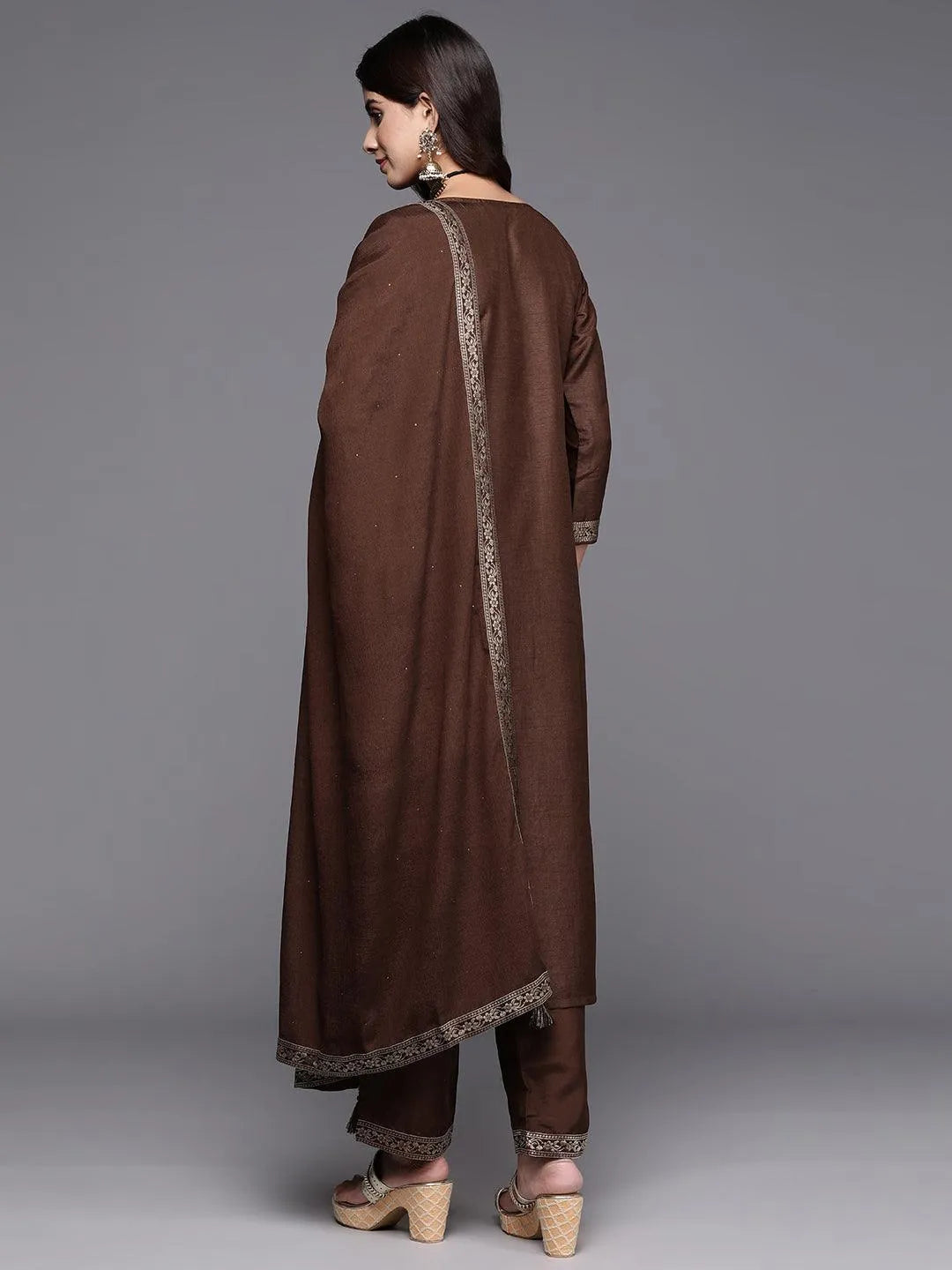 Brown Woven Design Silk Blend Straight Kurta With Trousers & Dupatta - Libas