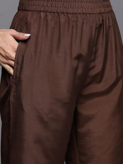 Brown Woven Design Silk Blend Straight Kurta With Trousers & Dupatta - Libas