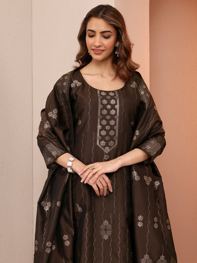 Libas Brown Woven Design Silk Blend Straight Suit Set With Dupatta