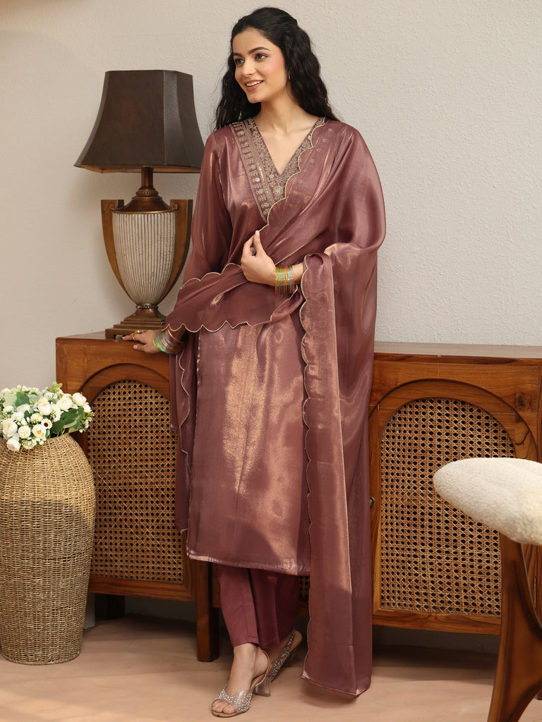 Gerua Brown Yoke Design Tissue Straight Suit Set