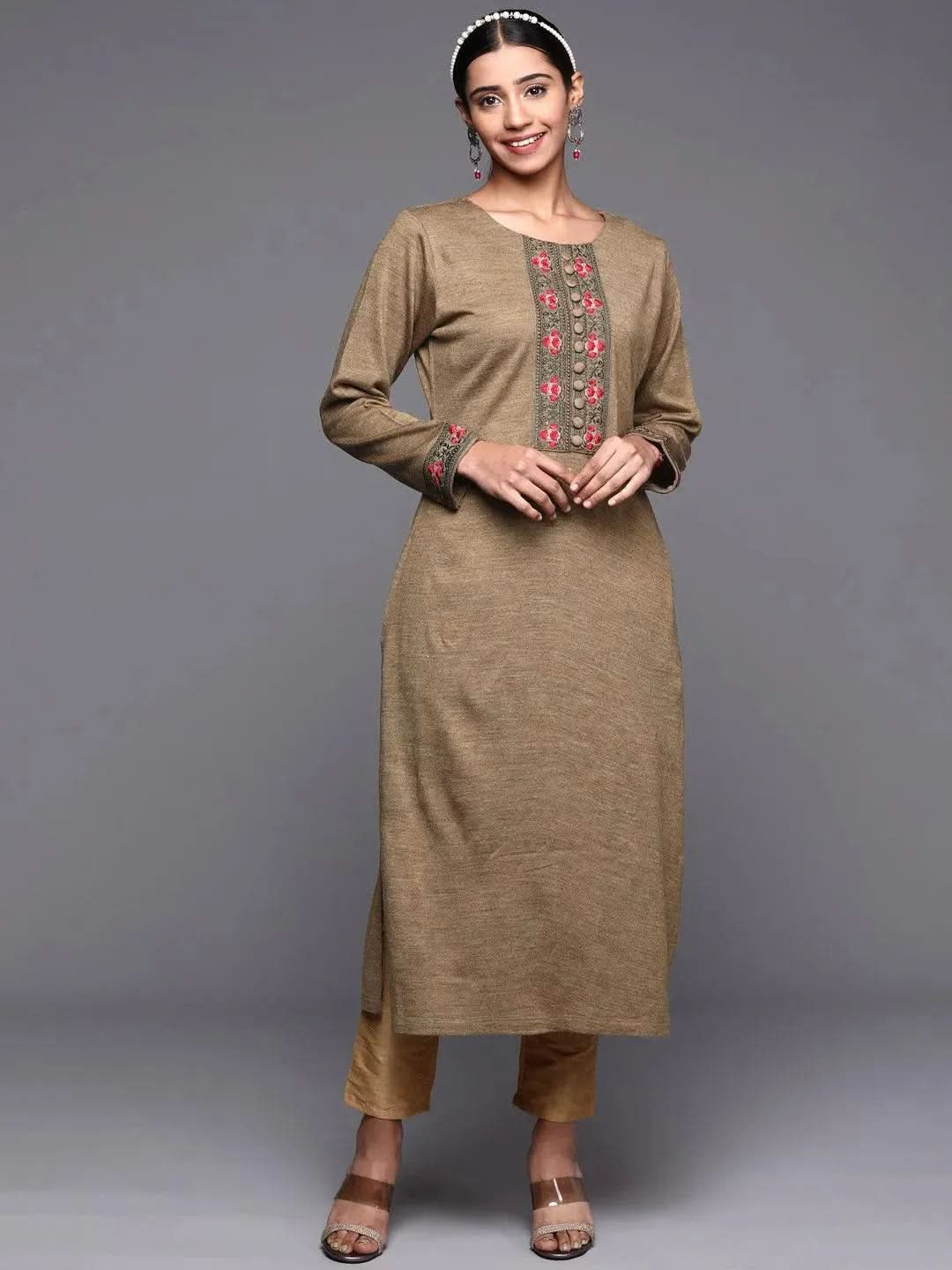 Brown Yoke Design Wool Straight Kurta - Libas