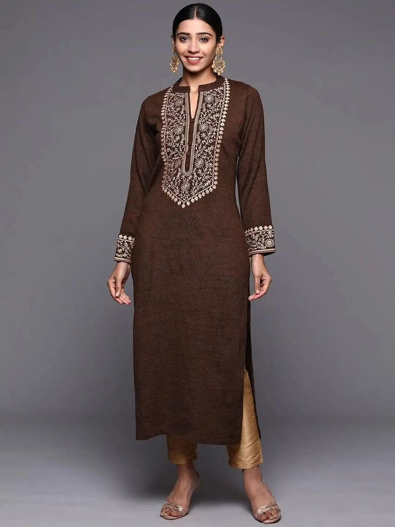 Libas Brown Yoke Design Wool Straight Kurta