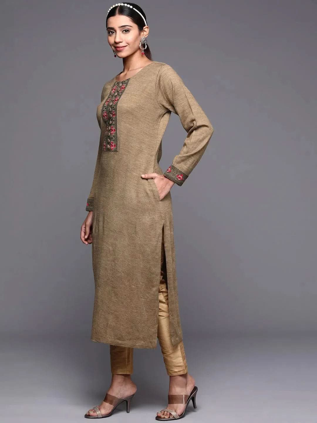 Brown Yoke Design Wool Straight Kurta - Libas 