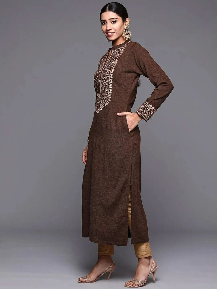 Brown Yoke Design Wool Straight Kurta - Libas
