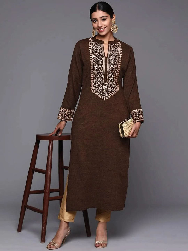 Brown Yoke Design Wool Straight Kurta - Libas