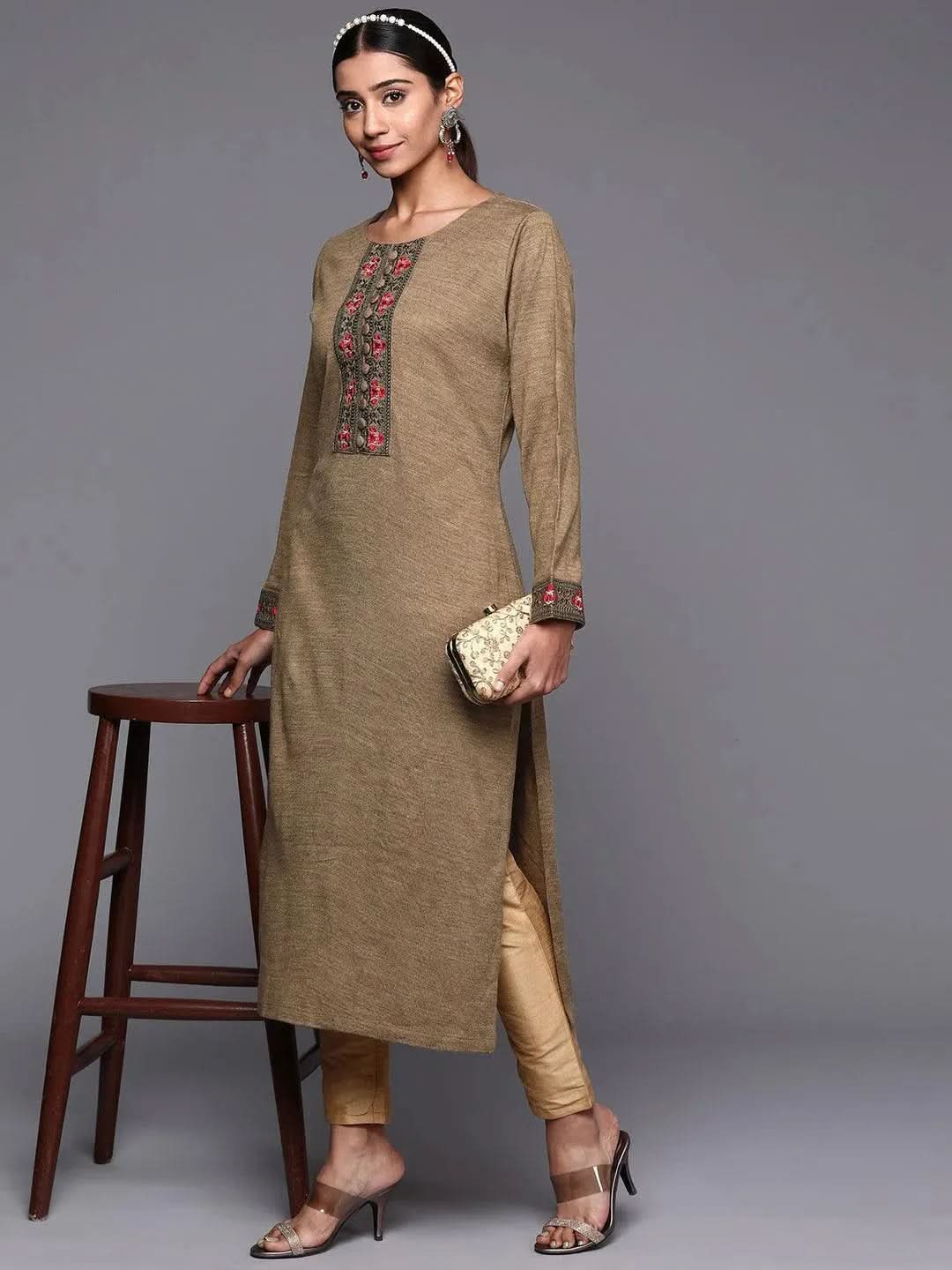 Brown Yoke Design Wool Straight Kurta - Libas 