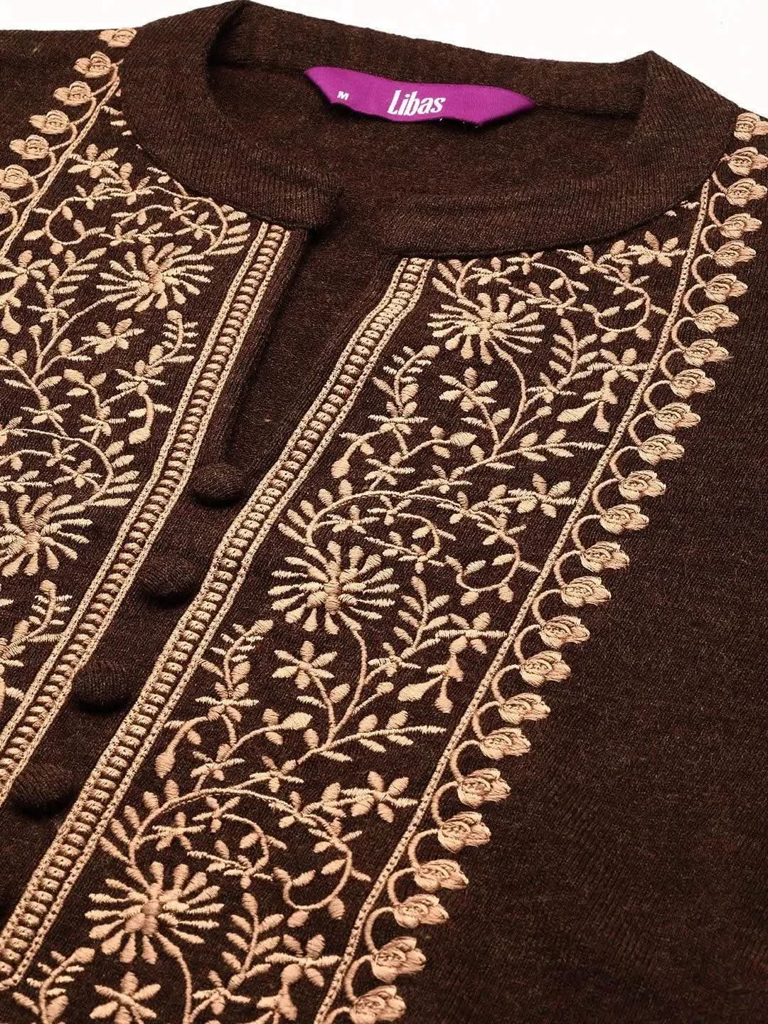 Brown Yoke Design Wool Straight Kurta - Libas 