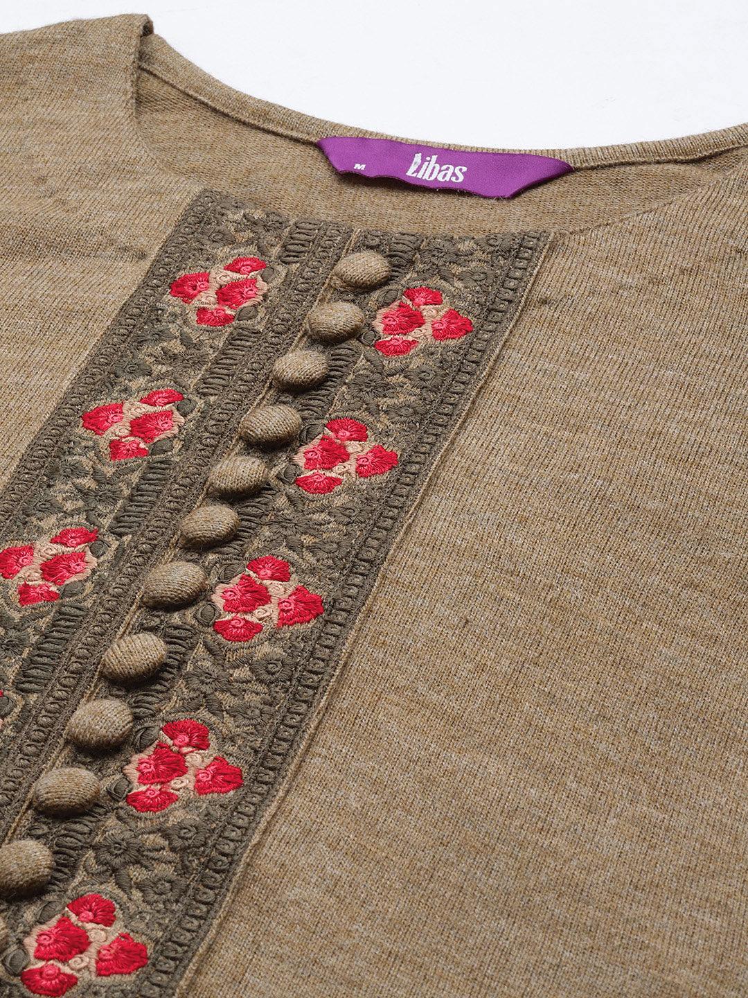 Brown Yoke Design Wool Straight Kurta - Libas