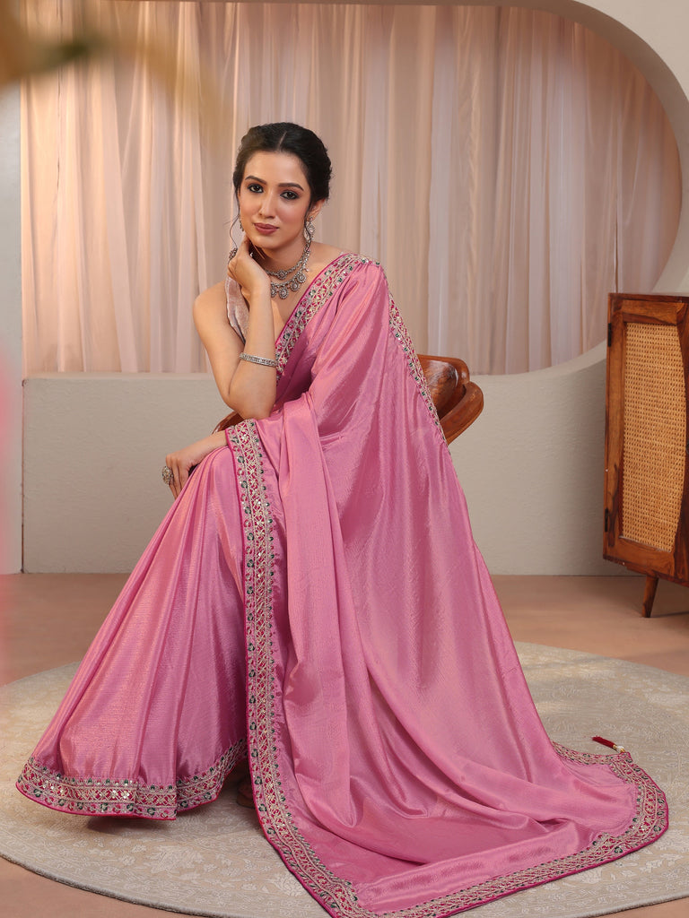 Libas Bubblegum Pink Embroidered Border Chiffon Saree