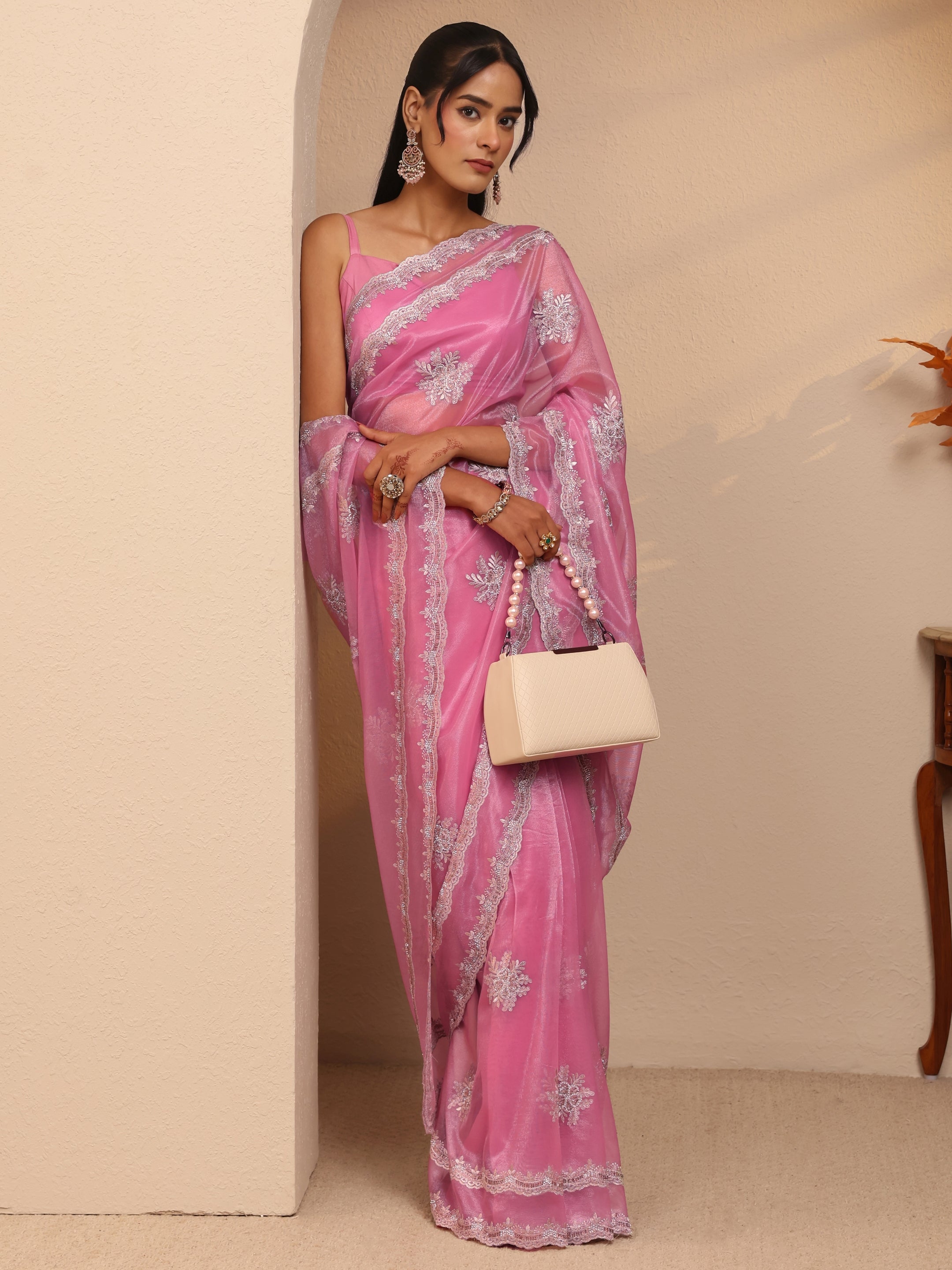 Libas Bubblegum Pink Floral Embellished Net Saree-picture-10