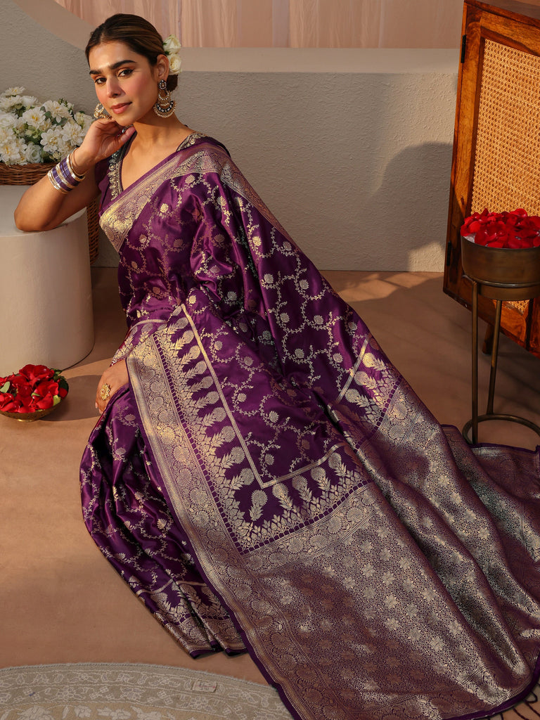 Libas Burgundy Banarasi Silk Blend Saree