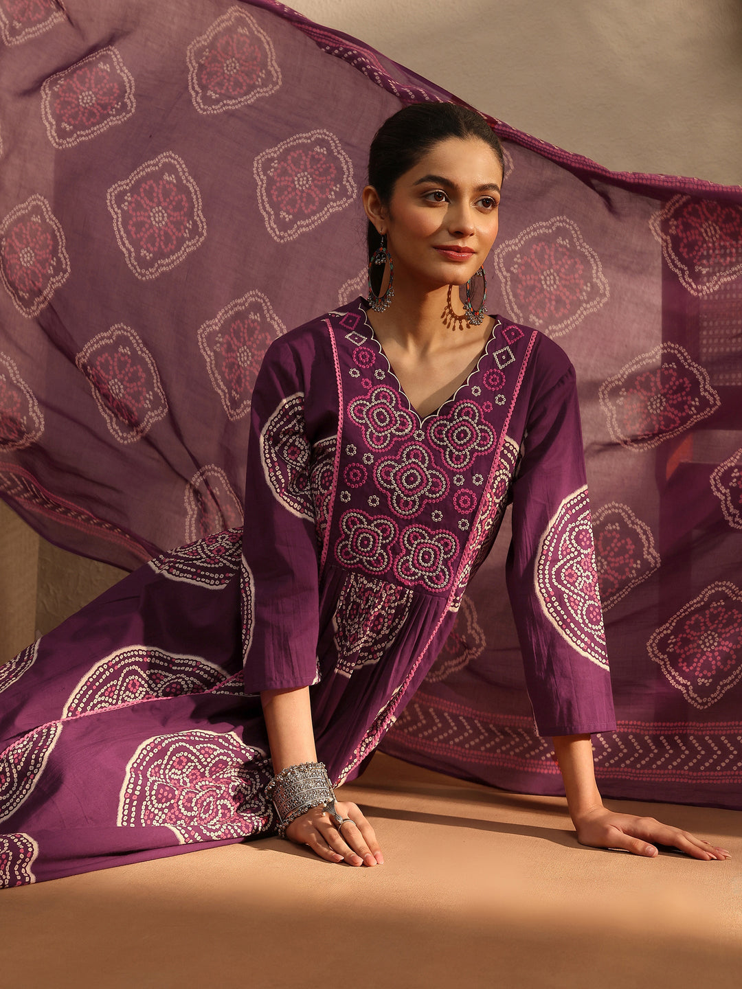  Burgundy Bandhani Printed Cotton Blend A-Line Suit Set With Dupatta 