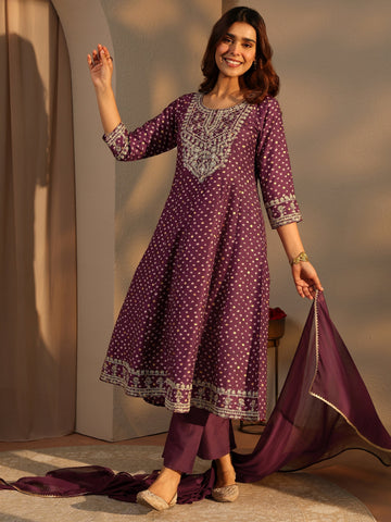 Libas Burgundy Bandhani Printed Silk Blend A-Line Suit Set With Dupatta