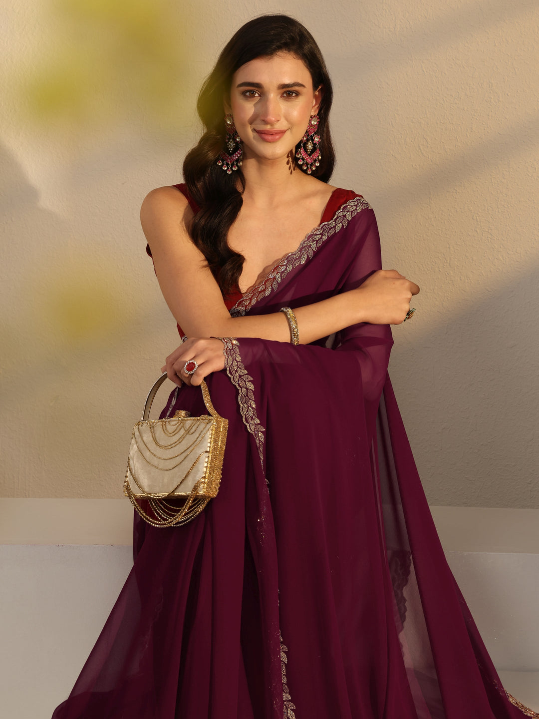 Burgundy Embellished Border Georgette Saree With Unstitched Blouse Piece