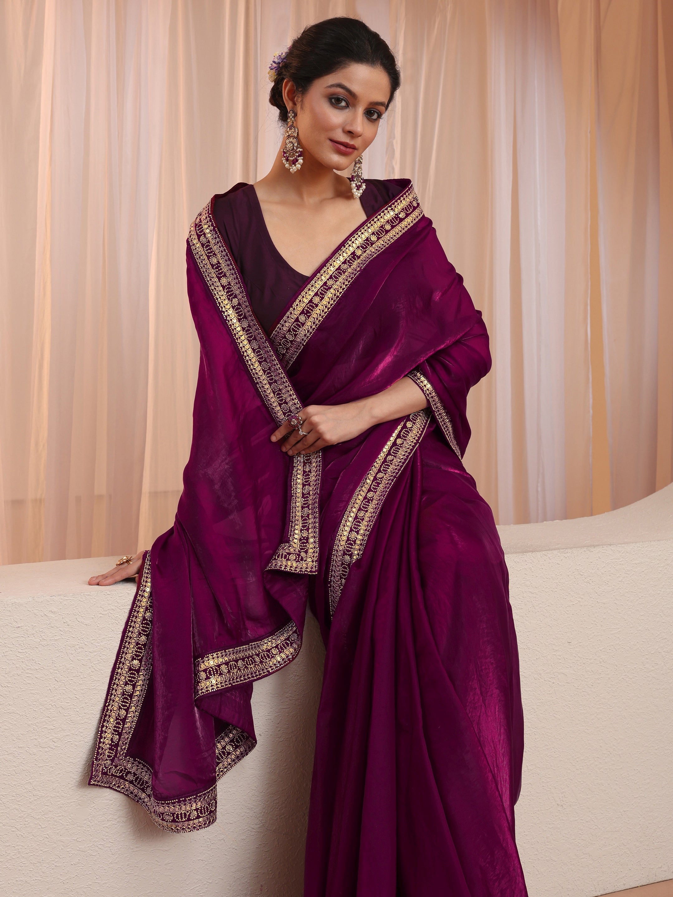 libas Burgundy Embellished Border Tissue Saree-picture-64