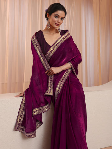 Burgundy Embellished Border Tissue Saree