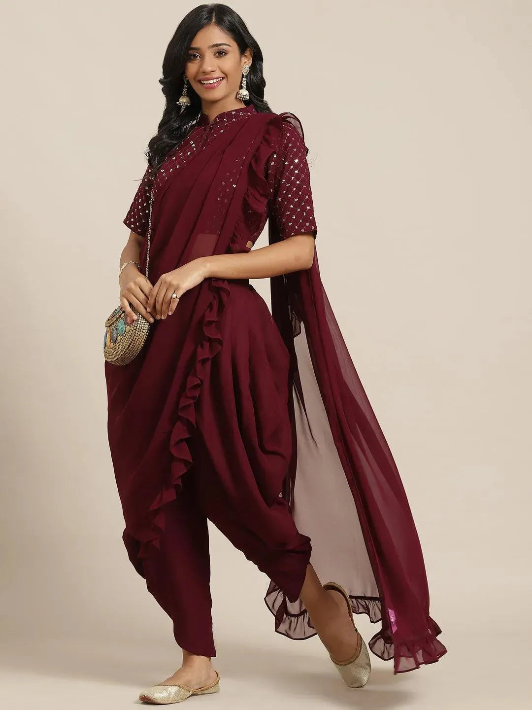 Burgundy Embellished Georgette Dhoti Saree