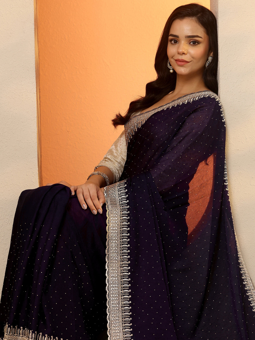 Burgundy Embellished Organza Saree With Unstitched Blouse Piece