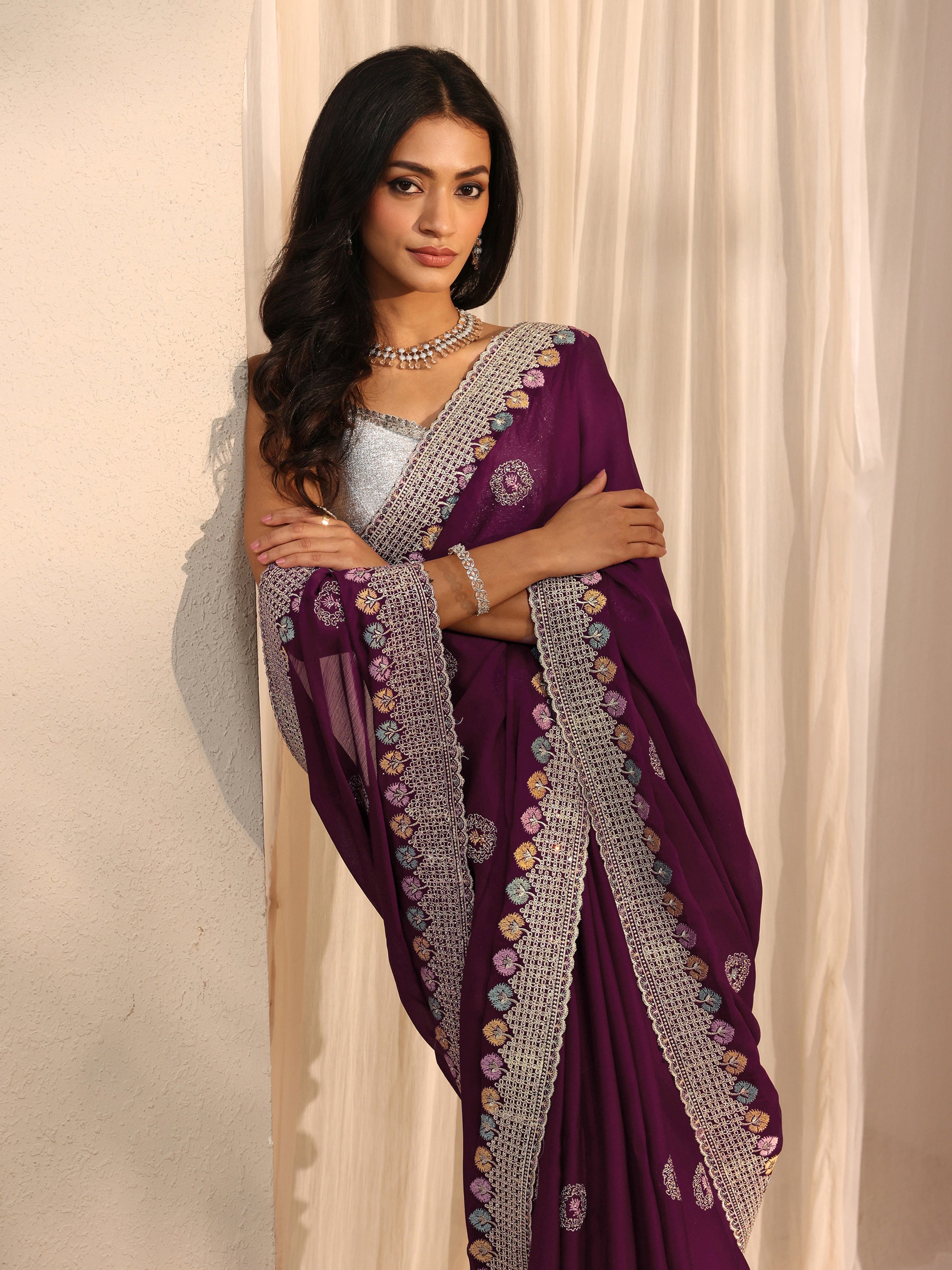 Burgundy Embellished Satin Saree With Unstitched Blouse Piece-image-11