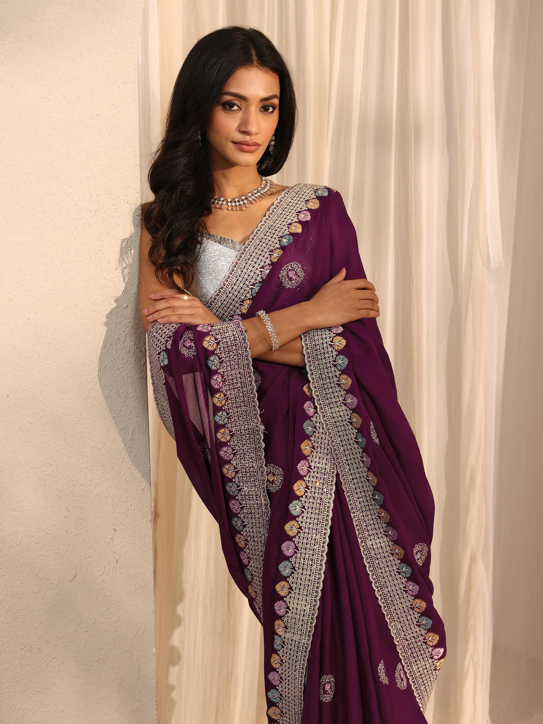 Burgundy Embellished Satin Saree With Unstitched Blouse Piece
