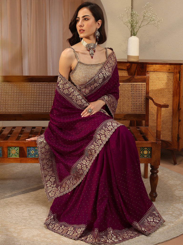 Libas Burgundy Embellished Silk Blend Saree